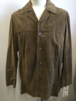 Mens, Leather Jacket, JIM & MARY LOU, Brown, Suede, Solid, L, Button Front, Notched Lapel, 2 Welt Pocket,