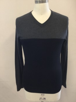 VINCE, Black, Gray, Silk, Cotton, Color Blocking, Gray Top/Sleeves, Black Lower, Ribbed Knit V Neck/Waistband/Cuff
