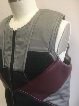 N/L MTO, Gray, Black, Red Burgundy, Polyester, Faux Leather, Color Blocking, Panels of Gray Poly Canvas, Black Mesh, and Burgundy Pleather Forming An X Shape in Front, Zip Front, Made To Order, Futuristic