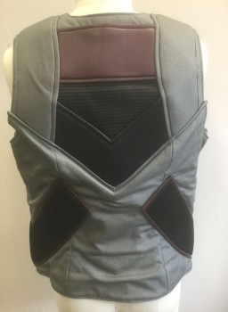 Mens, Vest, N/L MTO, Gray, Black, Red Burgundy, Polyester, Faux Leather, Color Blocking, C:46", Panels of Gray Poly Canvas, Black Mesh, and Burgundy Pleather Forming An X Shape in Front, Zip Front, Made To Order, Futuristic