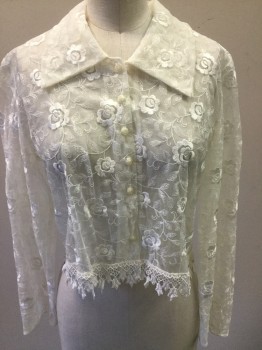 N/L, White, Polyester, Floral, Lace, L/S, Button Front, Collar Attached, Lace Trim, Cropped