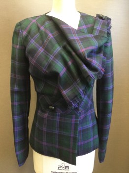 Womens, Blazer, L.A.M.B., Forest Green, Purple, Red, Black, Wool, Plaid, B34, Small, W24, Double Breasted, Cowl with 1 Button on Left Shoulder, with Fringe Edge, Hidden Zip Front, 2 Buttons, From Fall 2008 Season