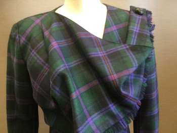 Womens, Blazer, L.A.M.B., Forest Green, Purple, Red, Black, Wool, Plaid, B34, Small, W24, Double Breasted, Cowl with 1 Button on Left Shoulder, with Fringe Edge, Hidden Zip Front, 2 Buttons, From Fall 2008 Season