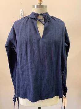 Mens, Historical Fiction Shirt, MTO, Navy Blue, Cotton, Solid, 52, Long Sleeves, Self Ruffled Cuffs, Stand Collar with Self Tie Neck, Split V-neck, Pullover, Ties on Cuffs