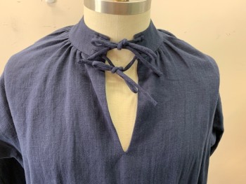 MTO, Navy Blue, Cotton, Solid, Long Sleeves, Self Ruffled Cuffs, Stand Collar with Self Tie Neck, Split V-neck, Pullover, Ties on Cuffs