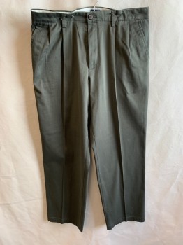 DOCKERS, Dk Olive Grn, Cotton, Polyester, Solid, Pleated Front, 4 Pockets, Zip Fly, Button Fly, Belt Loops