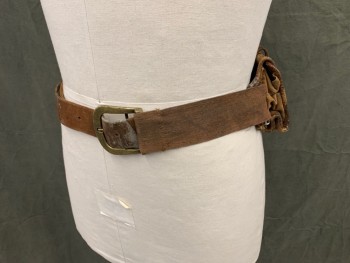 Unisex, Sci-Fi/Fantasy Belt, MTO, Brown, Leather, Solid, L, 5 Pouches Attached to Back, Brass Buckle, Attached Hooks, Aged/Distressed