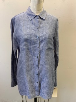 Womens, Blouse, SAKS FIFTH AVENUE, Navy Blue, White, Linen, Heathered, M, Long Sleeves, Button Front, Collar Attached, 2 Pockets, Heathered Navy/white