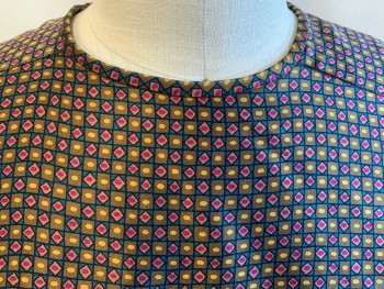Womens, Blouse, ELLEN TRACY, Teal Green, Lt Brown, Pink, Yellow, Black, Silk, Diamonds, Geometric, 8, Crew Neck, Patch/yoke on Shoulder, Raglan Long Sleeves with Small Key Hole & 1 Brown Button, Key Hole Back with 3 Cover Buttons, with Self Belt