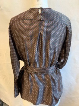 Womens, Blouse, ELLEN TRACY, Teal Green, Lt Brown, Pink, Yellow, Black, Silk, Diamonds, Geometric, 8, Crew Neck, Patch/yoke on Shoulder, Raglan Long Sleeves with Small Key Hole & 1 Brown Button, Key Hole Back with 3 Cover Buttons, with Self Belt