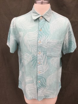 Mens, Casual Shirt, TASSO ELBA, Mint Green, White, Silk, Linen, Leaves/Vines , M, Floral Weave, Button Front, Collar Attached, Short Sleeves, 1 Pocket