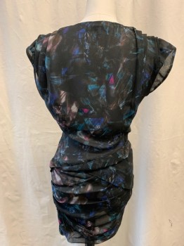 Womens, Cocktail Dress, IRO, Forest Green, Teal Blue, Indigo Blue, Magenta Pink, Polyester, Abstract , B: 34, S, Cap Sleeve, V-neck, Deep Plunge Neckline, Rushed, Zip Side