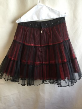 Womens, Skirt, Below Knee, TRIPP, Black, Red, Nylon, Polyester, Solid, W.30, M, Clubbing, 1.5" Solid Black Waistband with Metal Holes, Snap & Zip Back, 3 Tiers Red & Black Net Ruffle with Solid Black Lining