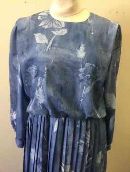 FLORENTINE PETITES, Slate Blue, Lt Blue, Polyester, Floral, Long Sleeves, Elastic Waist, Pleated Skirt, Round Neck, 1 Pleat at Each Shoulder, Puffy Sleeves, Shoulder Pads, Knee Length, Center Back Zipper,