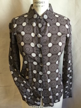 THEORY, Baby Blue, Ecru, Silk, Spandex, Medallion Pattern, Novelty Pattern, Collar Attached, Button Front, Long Sleeves, Curved Hem