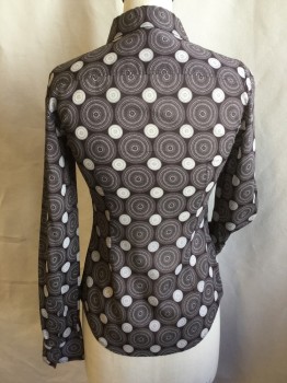 THEORY, Baby Blue, Ecru, Silk, Spandex, Medallion Pattern, Novelty Pattern, Collar Attached, Button Front, Long Sleeves, Curved Hem