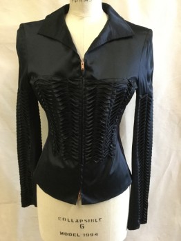 GUCCI, Black, Silk, Spandex, Solid, Black, Collar Attached, Copper Zip Front, Horizontal Pleat/tuck Design on Front & on Long Sleeves, & Back Panel, 2 Purple Vertical Stripes on the Side, Multiple