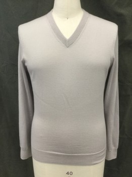 THE MEN'S STORE, Dove Gray, Cashmere, Solid, Ribbed Knit V-neck, Long Sleeves, Ribbed Knit Cuff/Waistband