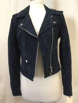 ONLY, Navy Blue, Suede, Solid, Zip Front, Collar Attached, 2 Zip Pockets, Epaulets, Zip Arm Detail,