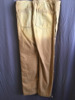Mens, Casual Pants, FEAR OF GOD, Camel Brown, Cotton, Solid, 30/29, Self Long Belt Insert in 1.5" Waistband with "fear of God", 4 Pockets, Brass Zip Side with Shinny Brass Button Down with Short Belt at Hem, (ink Mark Below Right Pocket--see Photo)