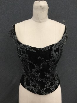 N/L, Black, Gray, Crushed Velvet, Corset Top, Sweetheart Neck, Off Shoulder Straps, Lace Up Back with Modesty Panel, Push Up Bra Attached Interior, Gray Mesh Aged Web-like Overlay, Snaps at Back Bottom Hem, Goth, Steampunk