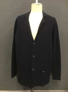 Mens, Cardigan Sweater, FYNCH HATTAN, Navy Blue, Wool, Cotton, Solid, 2XLT, Button Front, Collar Attached, Notched Lapel, 2 Pockets, Long Sleeves