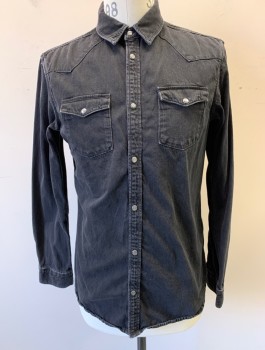 ALL SAINTS, Black, Cotton, Solid, Denim, Western Style Shirt, Long Sleeves, Snap Front, Collar Attached, Western Style Pointed Yoke, 2 Pockets with Pointed Flaps and Snap Closure