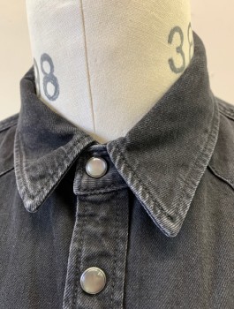 ALL SAINTS, Black, Cotton, Solid, Denim, Western Style Shirt, Long Sleeves, Snap Front, Collar Attached, Western Style Pointed Yoke, 2 Pockets with Pointed Flaps and Snap Closure