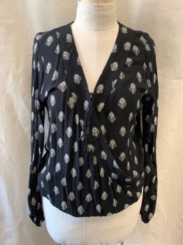 MOSSIMO, Black, White, Rayon, Floral, V-neck, Cross Over Front, Tie Front, Long Sleeves