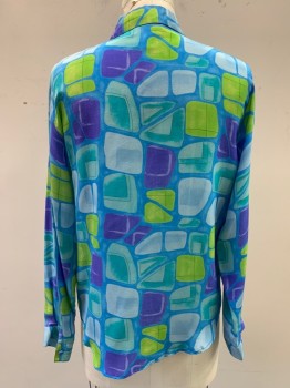 ALLISON TAYLOR, Turquoise Blue, Purple, Lime Green, Lt Blue, Silk, Novelty Pattern, Geometric, Button Front, Long Sleeves, Collar Attached, Rounded Squares, Hint of Shoulder Burn at Left Collar Edge,