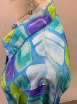 ALLISON TAYLOR, Turquoise Blue, Purple, Lime Green, Lt Blue, Silk, Novelty Pattern, Geometric, Button Front, Long Sleeves, Collar Attached, Rounded Squares, Hint of Shoulder Burn at Left Collar Edge,