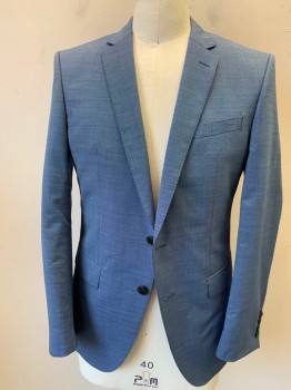 BOSS, Blue, Lt Blue, Wool, 2 Color Weave, Single Breasted, 2 Buttons,  Notched Lapel Pick Stitched, 3 Pockets, Slim Fit