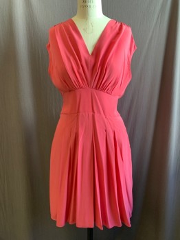 Womens, Dress, LIL, Bubble Gum Pink, Silk, Solid, M, V-neck, Gathered at Shoulders, Cap Sleeve, Gathered at Waistband, 3.5" Waistband, Smocked Back Waist, Drop Pleat Skirt, Attached Back Tie