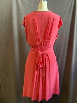 LIL, Bubble Gum Pink, Silk, Solid, V-neck, Gathered at Shoulders, Cap Sleeve, Gathered at Waistband, 3.5" Waistband, Smocked Back Waist, Drop Pleat Skirt, Attached Back Tie