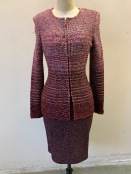 Womens, Suit, Jacket, ST.JOHN, Pink, Red Burgundy, Lt Pink, Black, Rayon, Acrylic, Speckled, Ombre, Sz.2, Knit, Top is Lighter and Fades Into Darker Bottom, Long Sleeves, Round Neck, Hook & Eye Closures at Front, Shoulder Pads, 2 Large Darts in Back, No Lining