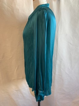 Womens, Blouse, ZADIG AND VOLTAIRE, Teal Blue, Acetate, Solid, 4/6, Pull On, Round Neck with Slit Center Front, Long Sleeves with Button Cuffs, Has Been Altered at Side Seams, Snap Added at V-neck and Some Stitching Center Front,