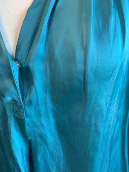 Womens, Blouse, ZADIG AND VOLTAIRE, Teal Blue, Acetate, Solid, 4/6, Pull On, Round Neck with Slit Center Front, Long Sleeves with Button Cuffs, Has Been Altered at Side Seams, Snap Added at V-neck and Some Stitching Center Front,