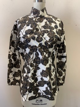 Womens, Blouse, NL, Off White, Black, Gold, Polyester, Cotton, Floral, 4, Mandarin Collar Attached, Hook & Eye at Center Collar, Snap Buttons on Right Side of Collar Base, Right Shoulder, & Right Side, Pullover, Slit on Both Sides