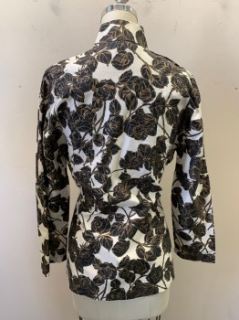 Womens, Blouse, NL, Off White, Black, Gold, Polyester, Cotton, Floral, 4, Mandarin Collar Attached, Hook & Eye at Center Collar, Snap Buttons on Right Side of Collar Base, Right Shoulder, & Right Side, Pullover, Slit on Both Sides