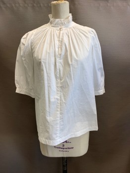 Womens, Blouse, REBECCA TAYLOR, White, Cotton, Solid, 0, Ruffled Band Collar, Puff S/S, Keyhole, 1 Button at Neck,