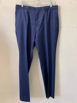 Mens, Suit, Pants, HUGO BOSS, Navy Blue, Blue, Wool, 2 Color Weave, 34, 33, F.F, Side Pockets, Zip Front, Belt Loops