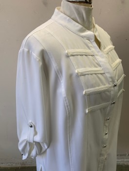 KATHY CHE, White, Polyester, Spandex, Solid, Long Sleeves, Button Front, V Notch Neck, Silver Metallic Plastic Buttons, Horizontal Decorative Self Trim at Chest in 4 Rows, Tabs at Elbows to Roll Up Sleeves