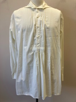 N/L, Ivory White, Cotton, Solid, C.A., 4 Btn Placket, L/S, Tuck Pleats On Chest, Neck And Sleeves, Made To Order,