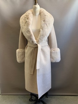 Womens, Coat, MAJE, Beige, Wool, Polyester, Solid, 6, L/S, Single Button, Top Pockets, Fur Neck Collar And Cuffs, With Matching Belt