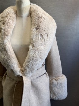 MAJE, Beige, Wool, Polyester, Solid, L/S, Single Button, Top Pockets, Fur Neck Collar And Cuffs, With Matching Belt