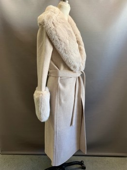 MAJE, Beige, Wool, Polyester, Solid, L/S, Single Button, Top Pockets, Fur Neck Collar And Cuffs, With Matching Belt