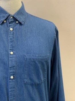 H&M, Denim Blue, Cotton, Solid, L/S, Button Front, Collar Attached, Chest Pocket