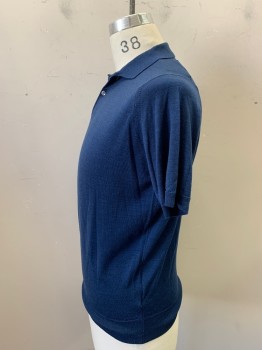 JOHN SMEDLEY, Indigo Blue, Wool, Solid, Collar Attached, 2 Buttons, Short Sleeves,