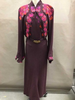 Womens, Dress, MTO, Plum Purple, Multi-color, Polyester, Beaded, Geometric, W25, B34, H36, Crepe, Long Sleeves, Multicolor Beading, Jacket And Belt Are Attached To Dress (Appears To Be 3 Pieces But Is Only 1 Piece), Belt Is Self Fabric W/Gold Leaves Buckle, Made To Order Reproduction, 1930s