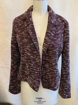 Womens, Blazer, ANN TAYLOR, Red Burgundy, Black, White, Poly/Cotton, Textured Fabric, 14, Open Front, Notched Lapel